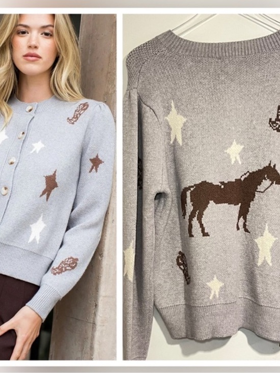THML Sweaters - NWT Knit Cardigan BoHo Western Horse Equestrian Boots Stars Gray Brown Cream XL